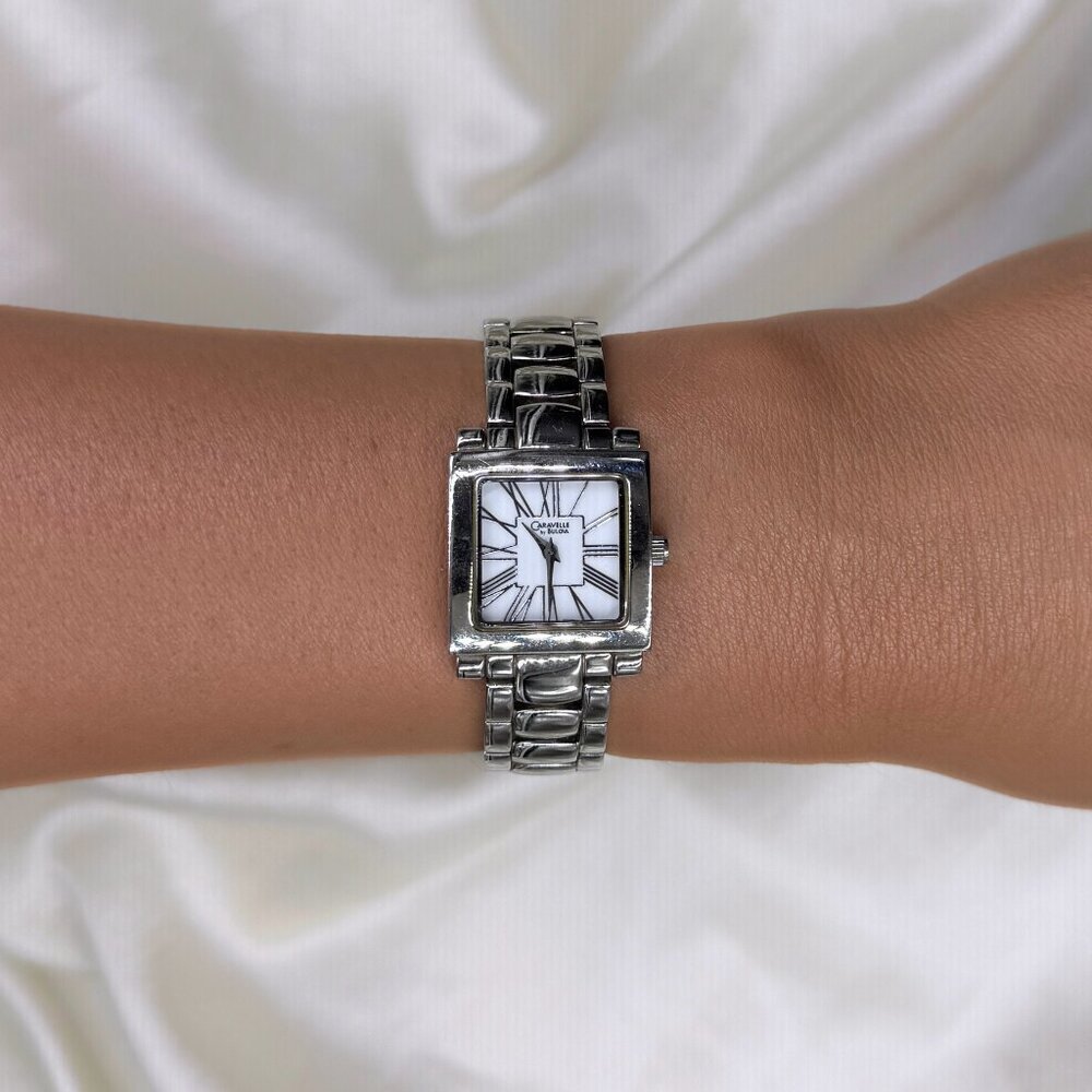 Caravelle by Bulova Tank Watch, Y2K Silver Tone Bracelet Watch
